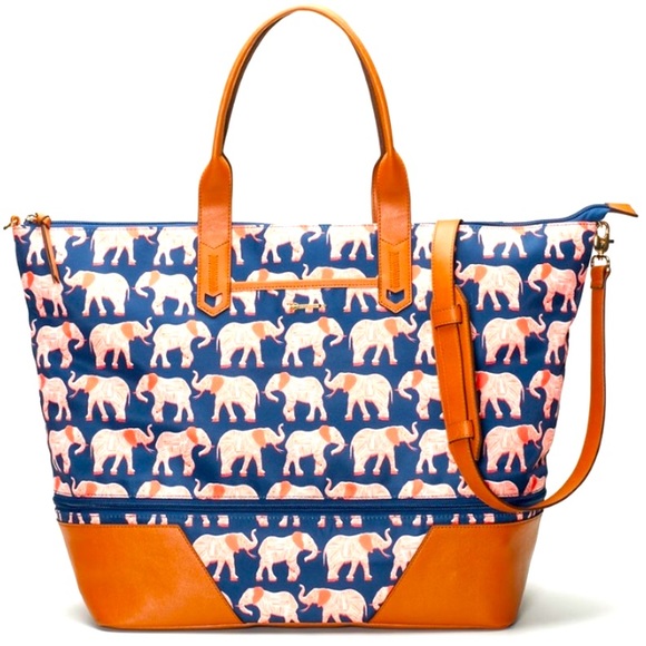 Stella & Dot Handbags - ::Stella & Dot | Luckily Elephant Weekender Extendable Tore Bag Navy Blue & Red